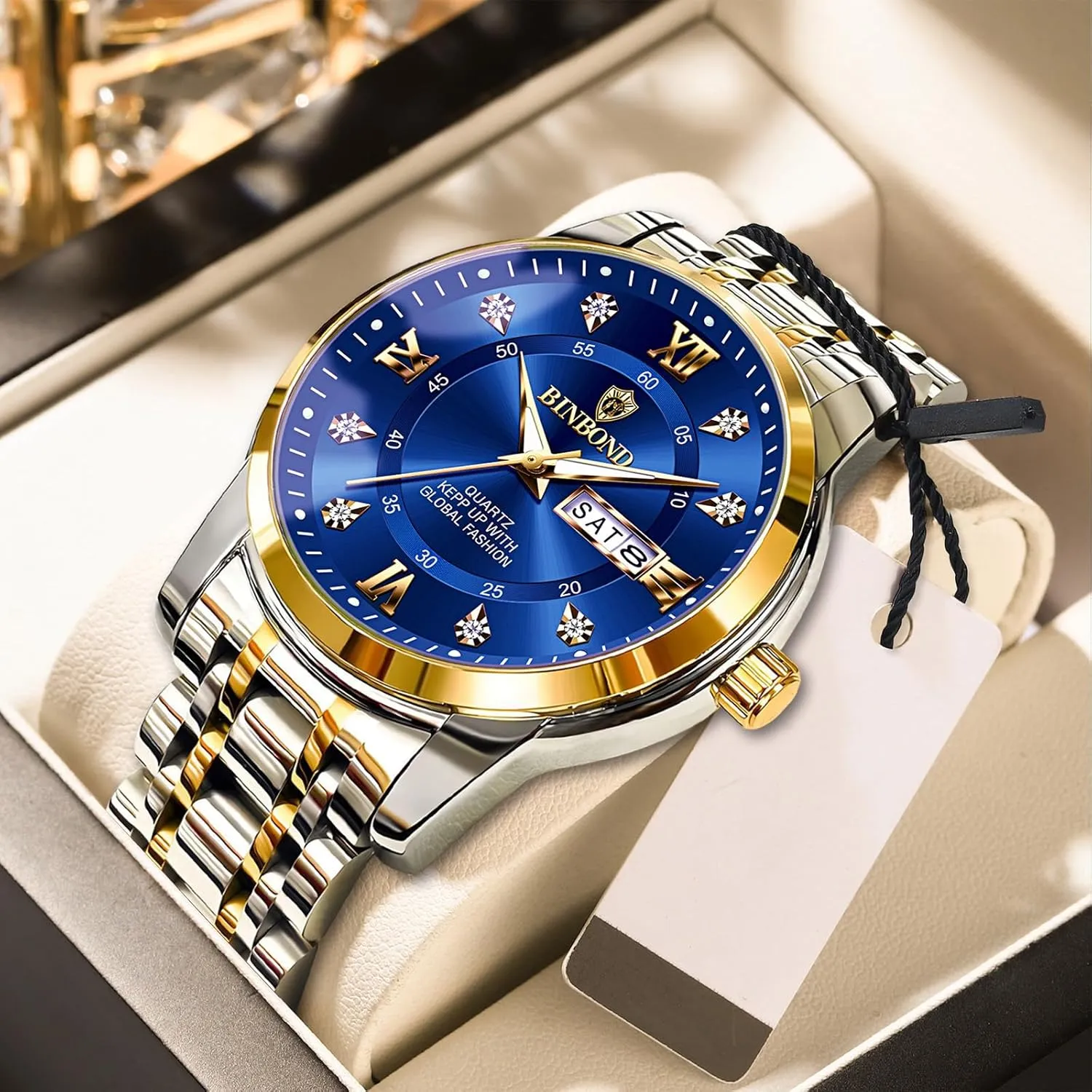 MASTOP Business Watch for Man Luxury Diamond Watch Luminous Date Week Quartz Analog Stainless Steel Sports Classic Elegant Men's Dress Watches Roman Numeral with Tool
