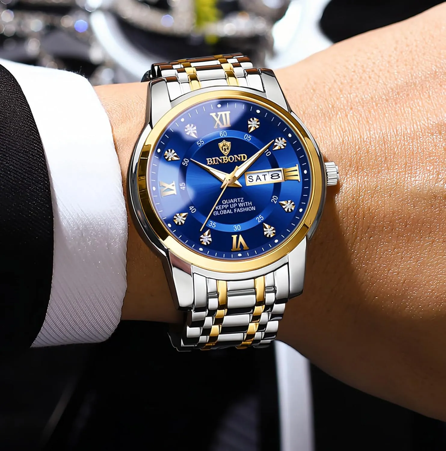 MASTOP Business Watch for Man Luxury Diamond Watch Luminous Date Week Quartz Analog Stainless Steel Sports Classic Elegant Men's Dress Watches Roman Numeral with Tool