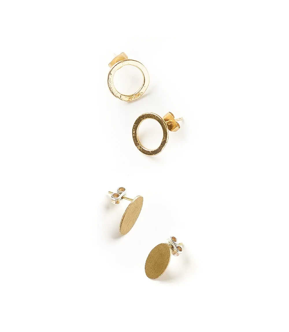 Matr Boomie Handcrafted Simple Minimalist Gold Stud Earrings for Women, Small Gold Circle Stud/Gold Oval Disc Stud Earrings (Set of 2 pairs)