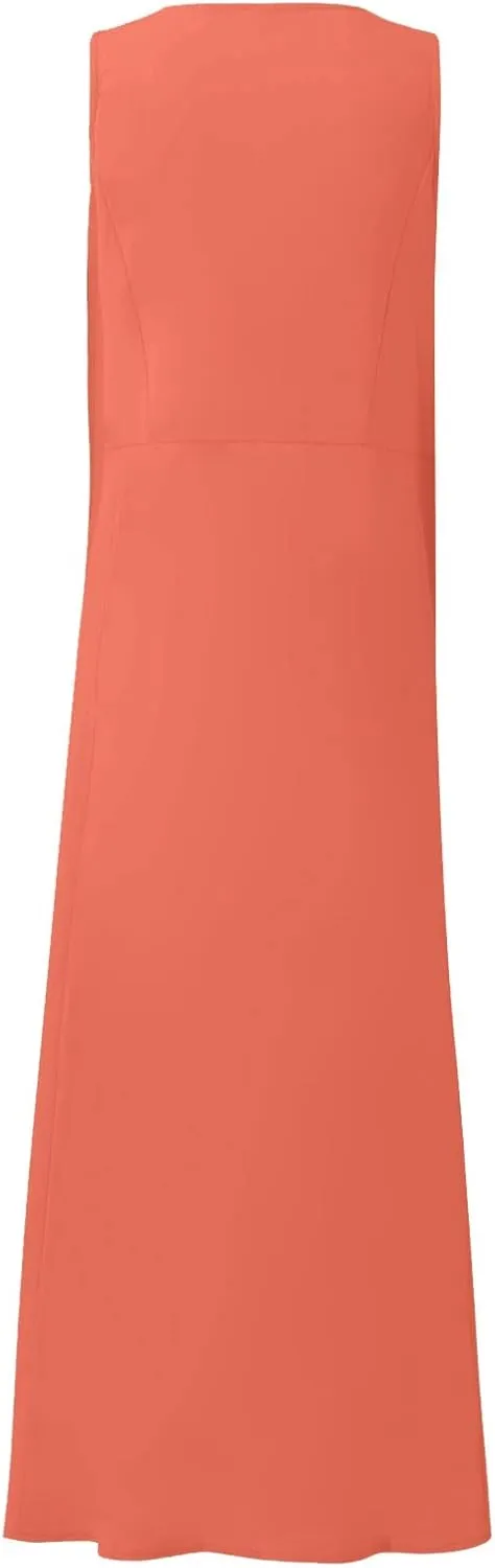 Maxi Dress for Women,2024 Summer Trendy Sleeveless Cotton Linen Dress,Casual Loose Flowy Ruched Sundress with Pockets