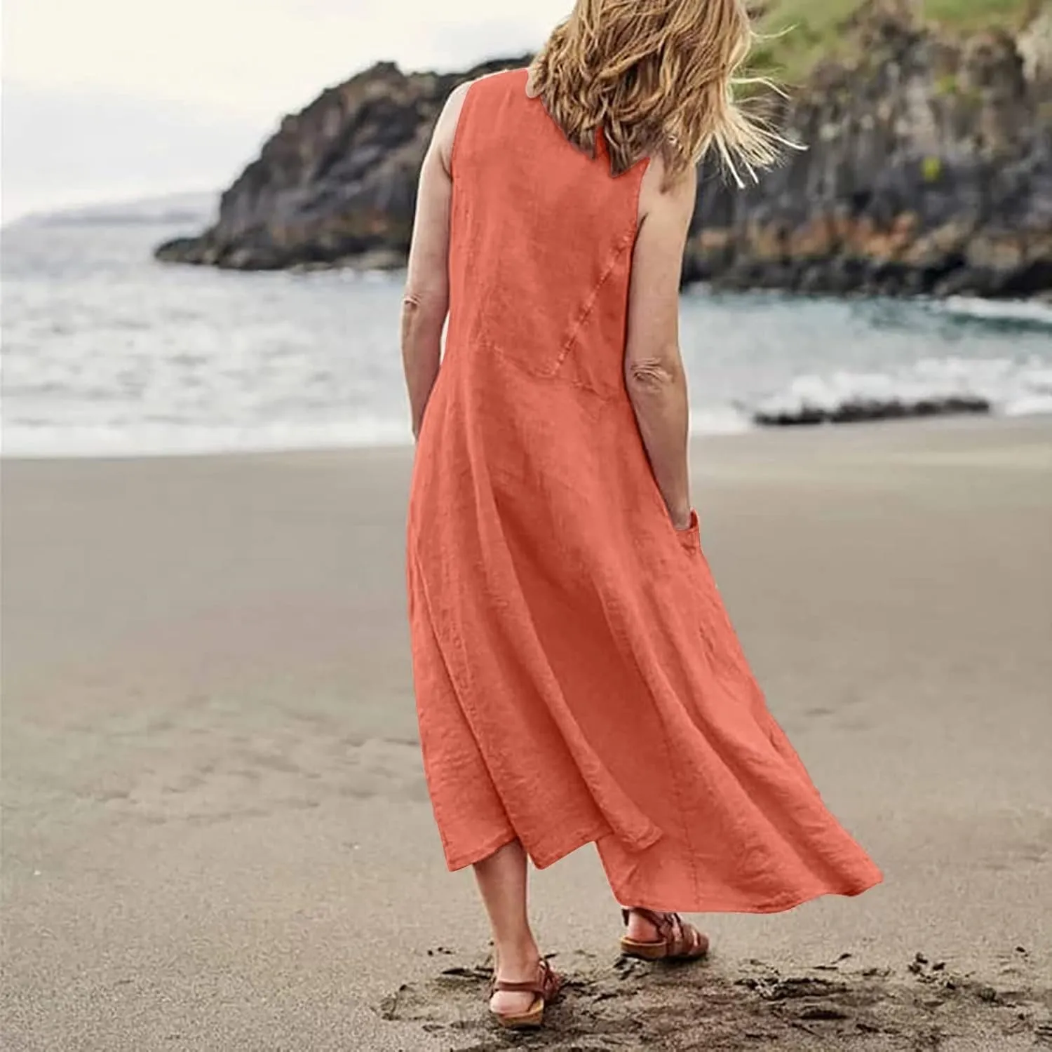 Maxi Dress for Women,2024 Summer Trendy Sleeveless Cotton Linen Dress,Casual Loose Flowy Ruched Sundress with Pockets
