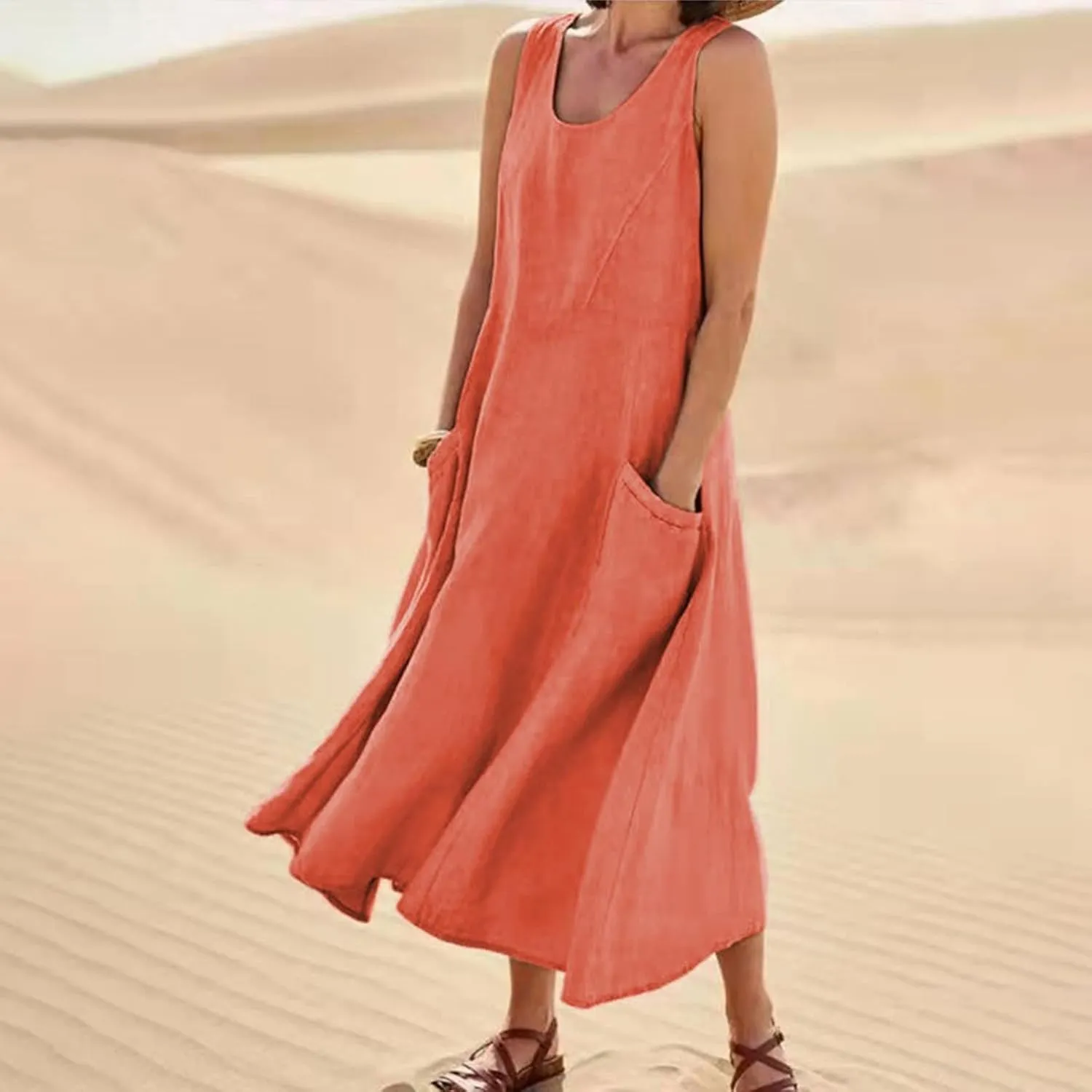 Maxi Dress for Women,2024 Summer Trendy Sleeveless Cotton Linen Dress,Casual Loose Flowy Ruched Sundress with Pockets