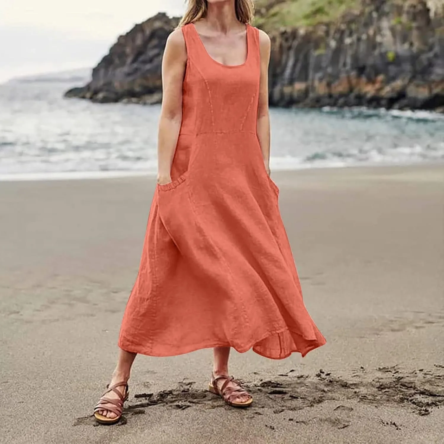 Maxi Dress for Women,2024 Summer Trendy Sleeveless Cotton Linen Dress,Casual Loose Flowy Ruched Sundress with Pockets