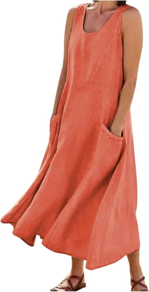 Maxi Dress for Women,2024 Summer Trendy Sleeveless Cotton Linen Dress,Casual Loose Flowy Ruched Sundress with Pockets
