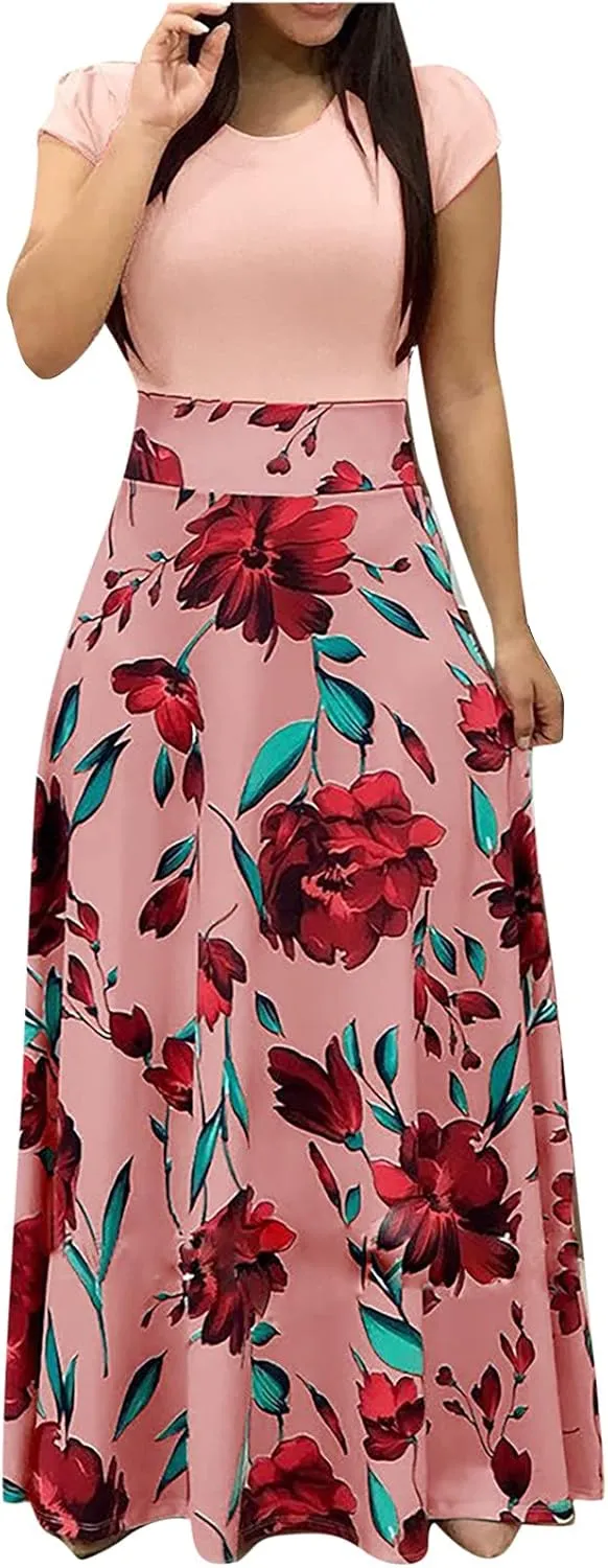 Maxi Dresses for Women's Plus Size Boho Floral Dress Beach Sundress Fashion Short Sleeves Midi Swing Party Dress