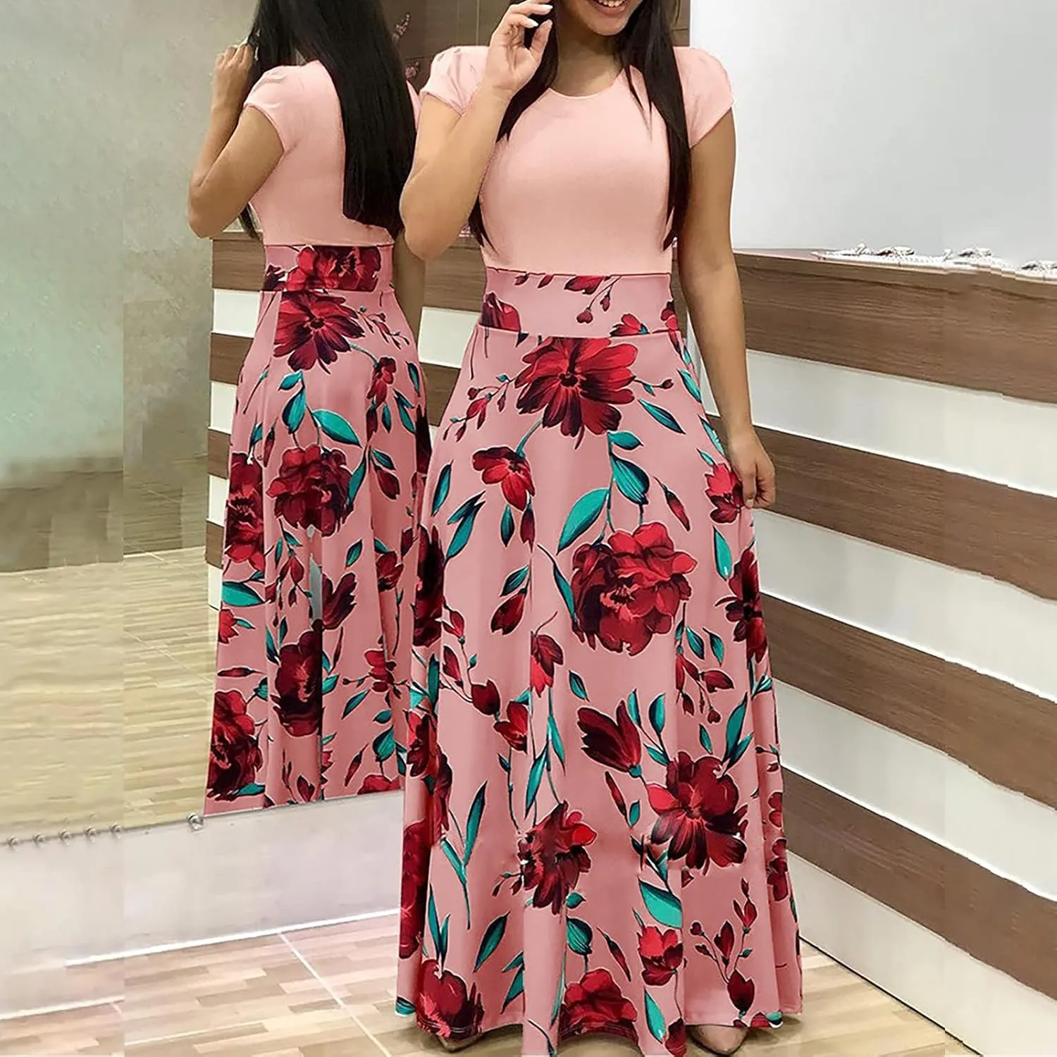 Maxi Dresses for Women's Plus Size Boho Floral Dress Beach Sundress Fashion Short Sleeves Midi Swing Party Dress