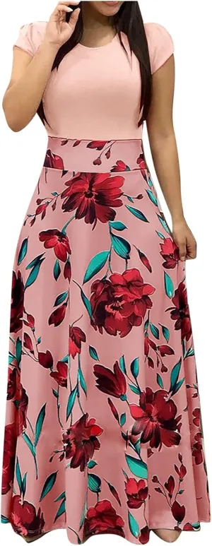 Maxi Dresses for Women's Plus Size Boho Floral Dress Beach Sundress Fashion Short Sleeves Midi Swing Party Dress