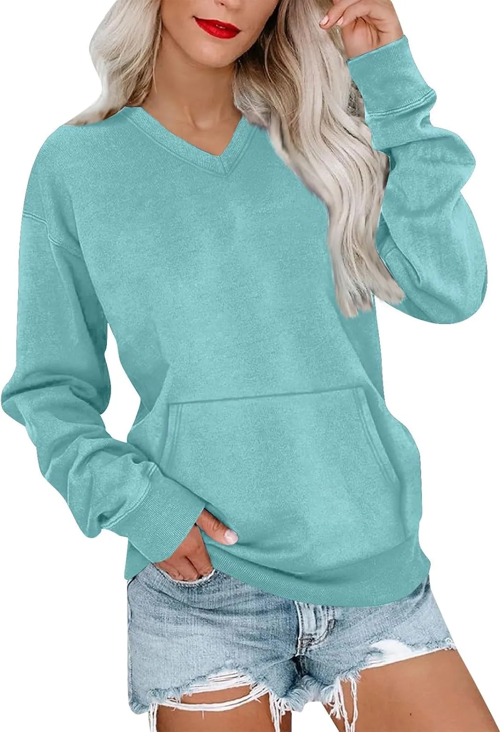 MBWTRP 2025 Trendy V Neck Sweatshirt for Women with Pocket Long Sleeve Pullover Oversized Comfy Sweater Tops Spring Outfits