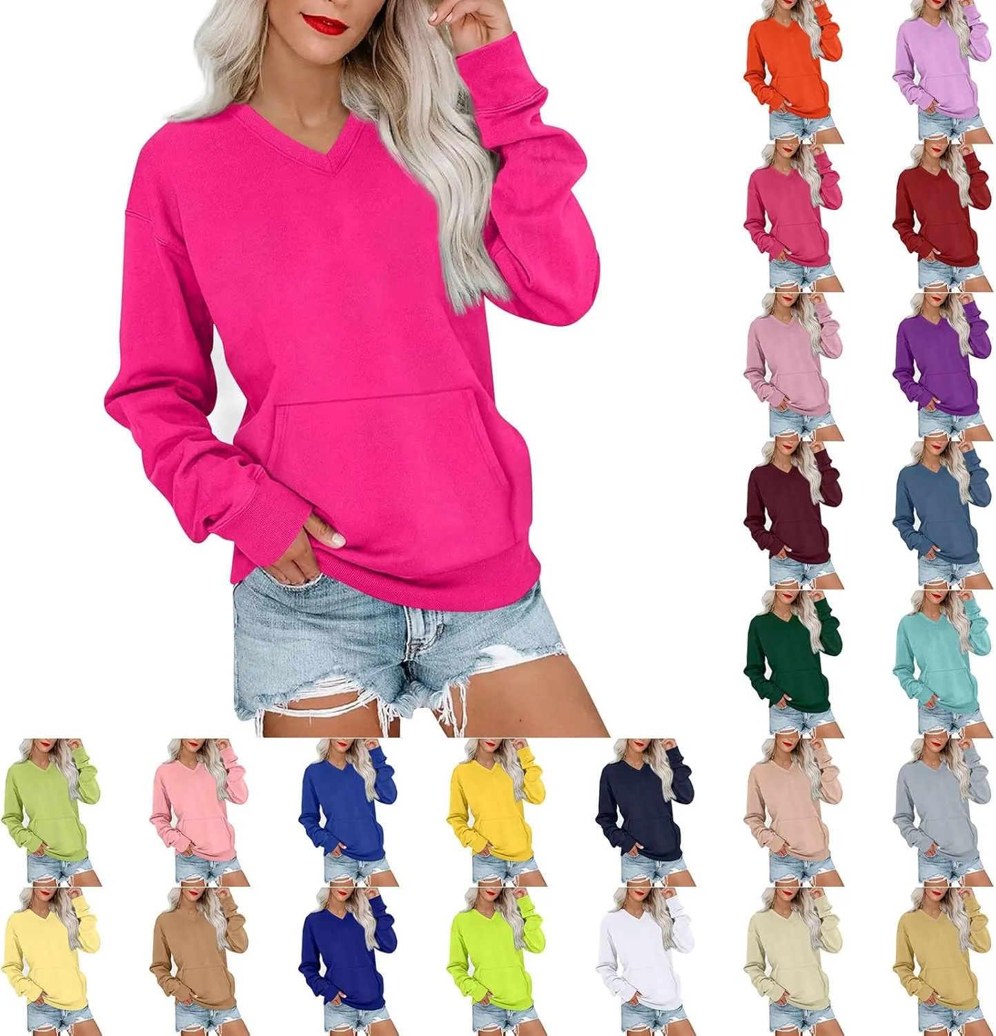 MBWTRP 2025 Trendy V Neck Sweatshirt for Women with Pocket Long Sleeve Pullover Oversized Comfy Sweater Tops Spring Outfits