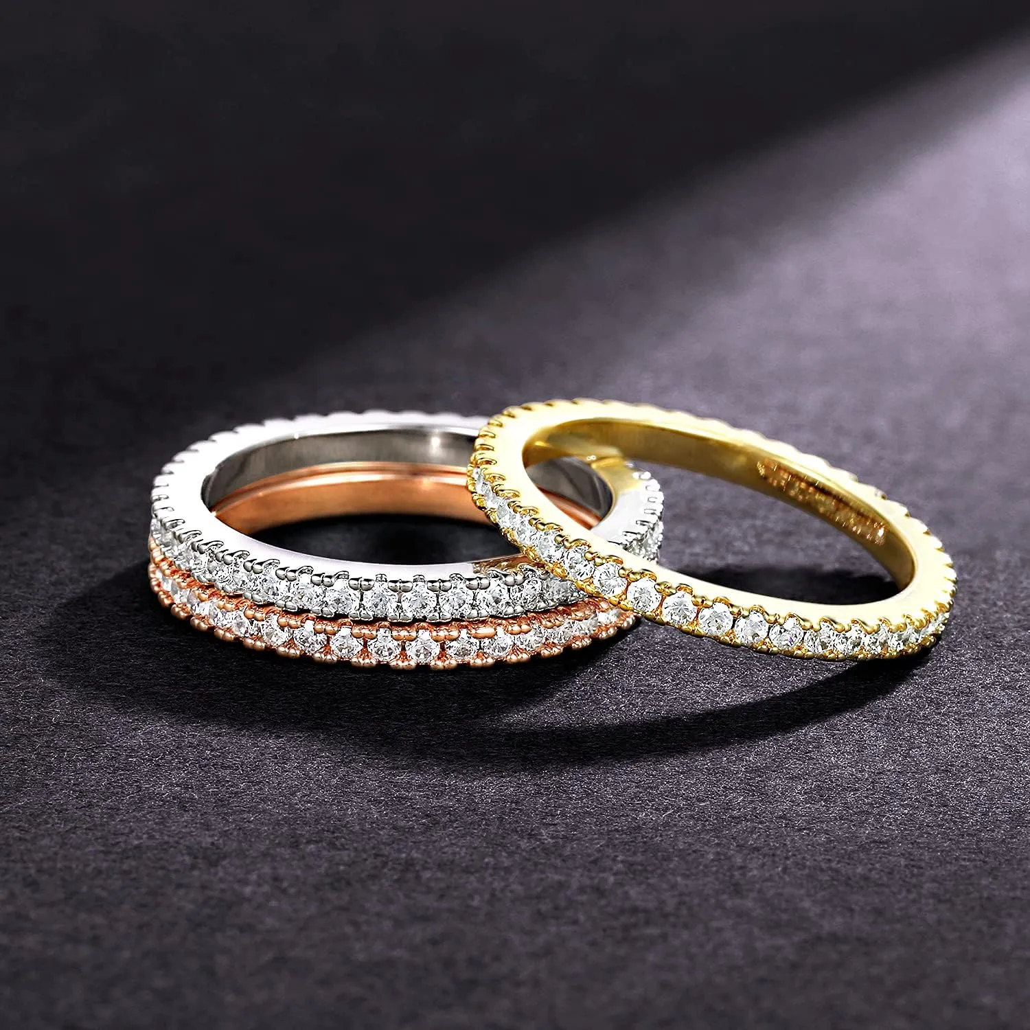 MDFUN Tri-Color Gold Plated Cubic Zirconia Band Stackable Promise Ring 3 PCS Set