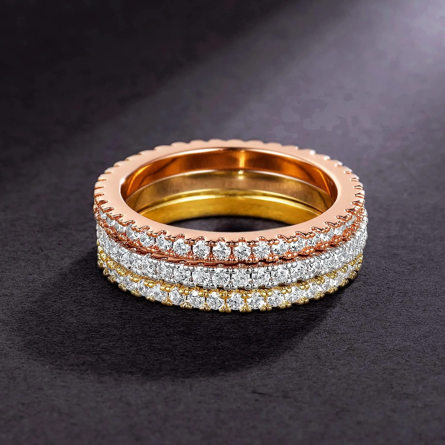 MDFUN Tri-Color Gold Plated Cubic Zirconia Band Stackable Promise Ring 3 PCS Set