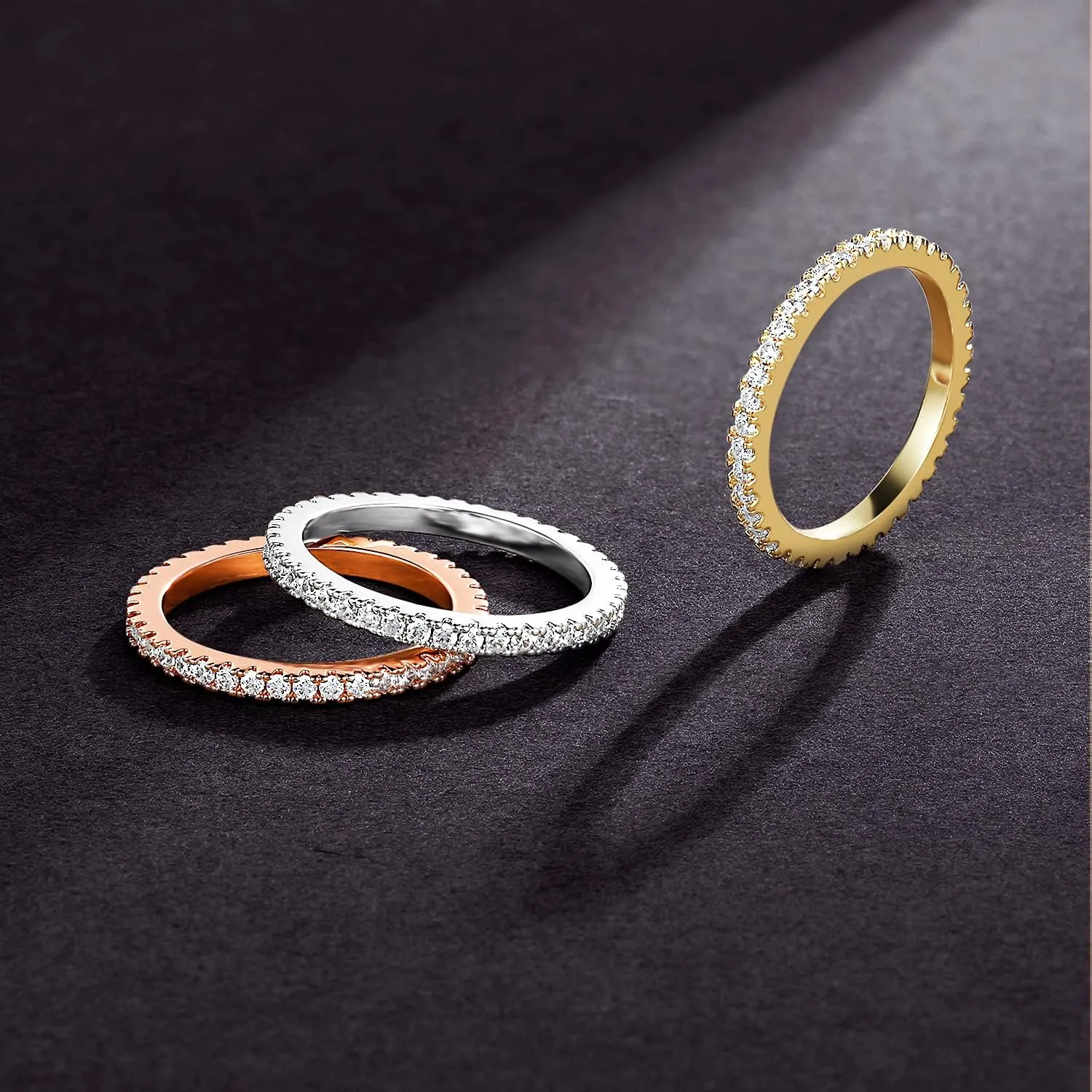 MDFUN Tri-Color Gold Plated Cubic Zirconia Band Stackable Promise Ring 3 PCS Set