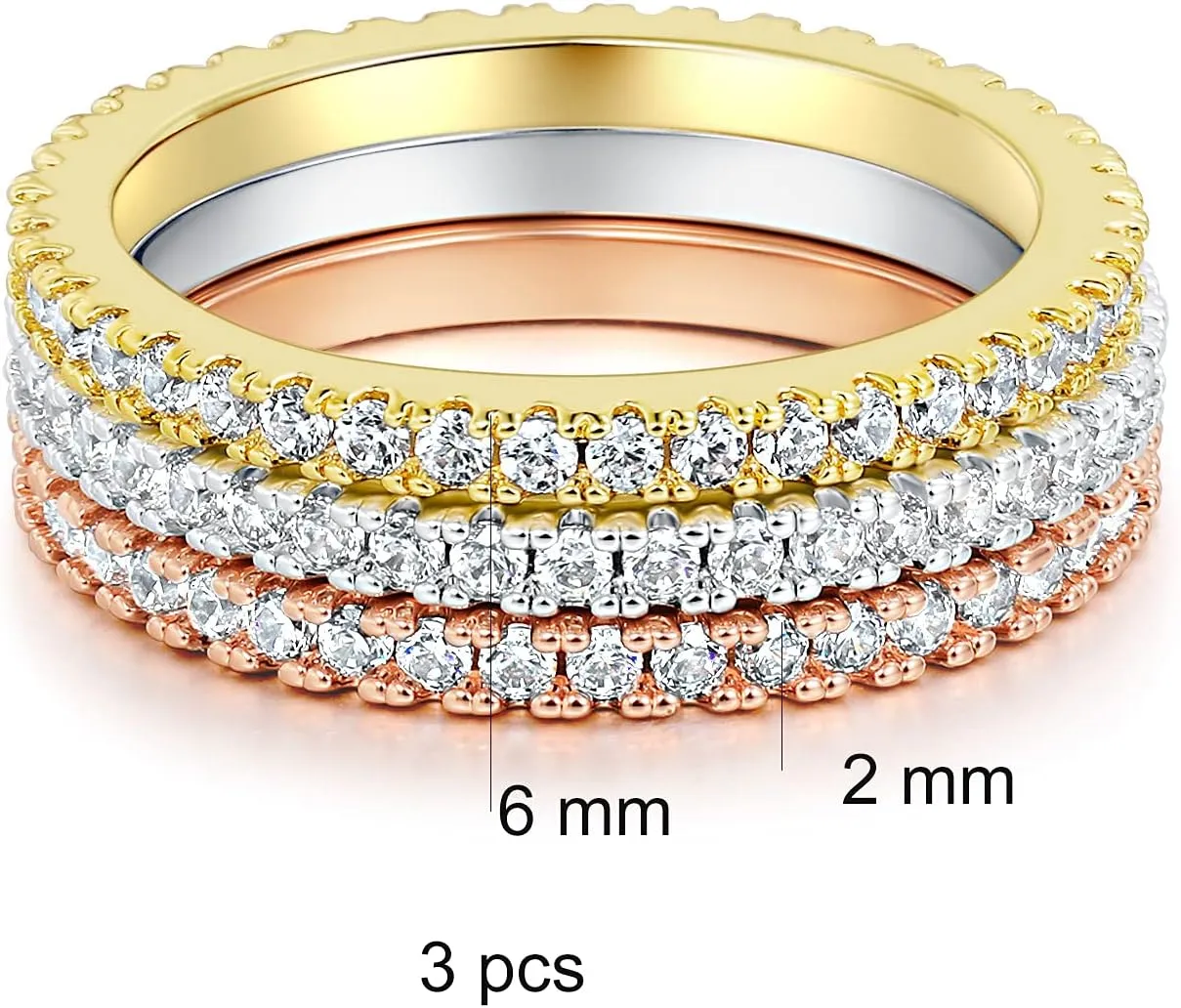 MDFUN Tri-Color Gold Plated Cubic Zirconia Band Stackable Promise Ring 3 PCS Set