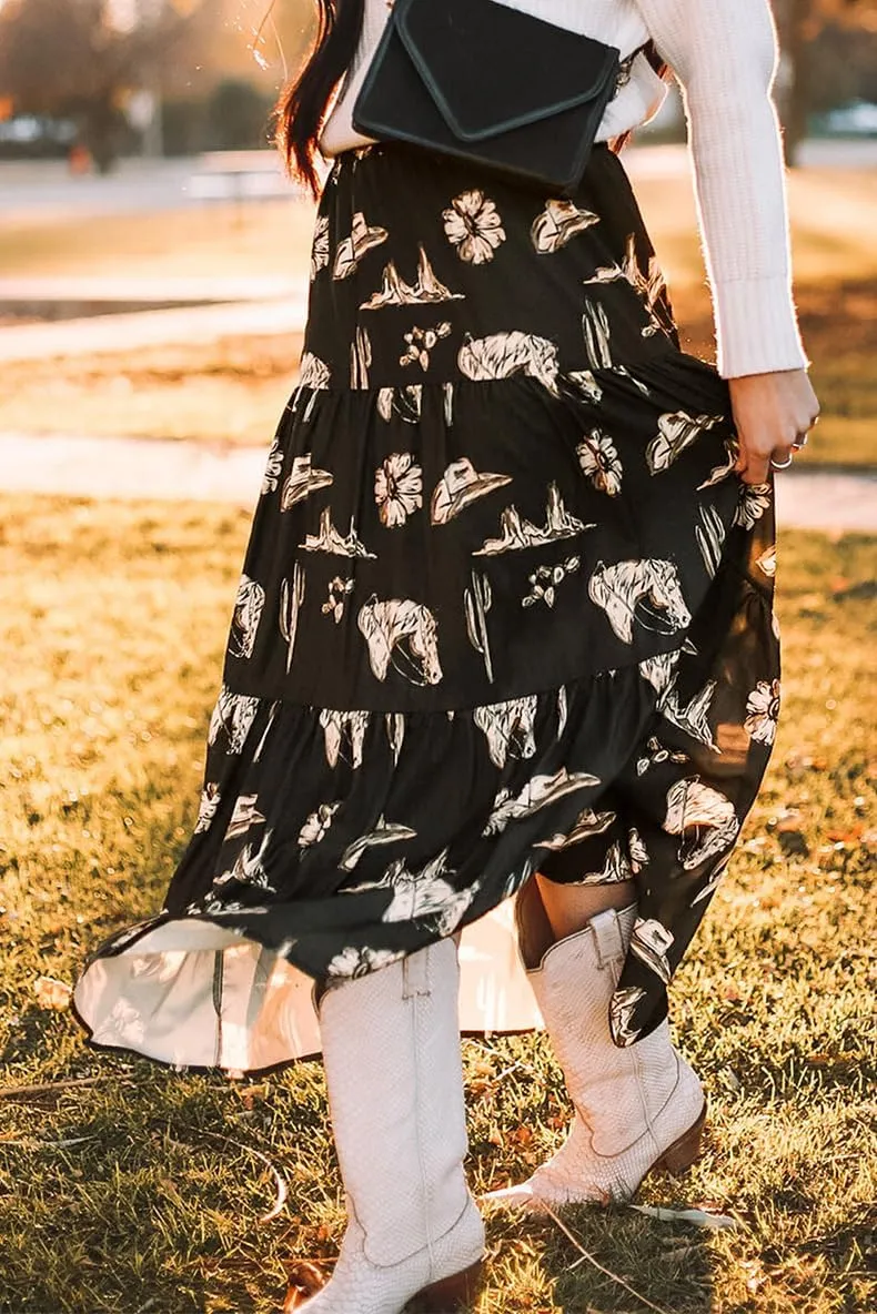 Melliflo Women Floral Boho Maxi Skirt Elastic Waist Pleated Ruffle Midi Skirt Flowy Swing Vintage Beach Long Skirts