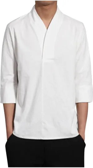 Men 3/4 Sleeve Cotton Linen Top Wrap V Neck Hipster Shirts Loose Fit Beach Hippie Tunic Yoga Tops Big and Tall
