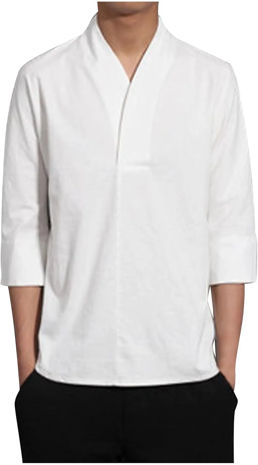 Men 3/4 Sleeve Cotton Linen Top Wrap V Neck Hipster Shirts Loose Fit Beach Hippie Tunic Yoga Tops Big and Tall
