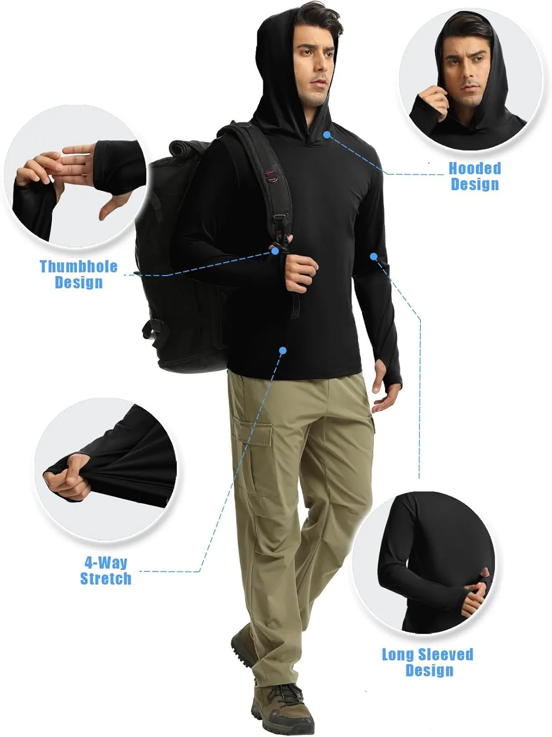 Men Athletic Hoodies Long Sleeve Fishing Shirts UPF 50  Sun Protection Dry Fit Wicking Hooded Running Shirts
