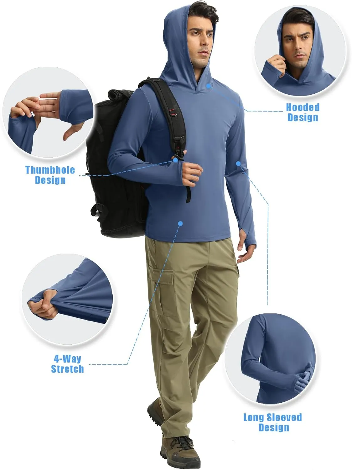 Men Athletic Hoodies Long Sleeve Fishing Shirts UPF 50  Sun Protection Dry Fit Wicking Hooded Running Shirts