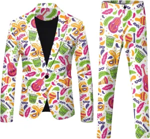 Mens 2 Piece Mardi Gras Casual Sweatsuits One Buttton Notched Lapel Party Floral Suit Jacket Dress Pants Suits Set