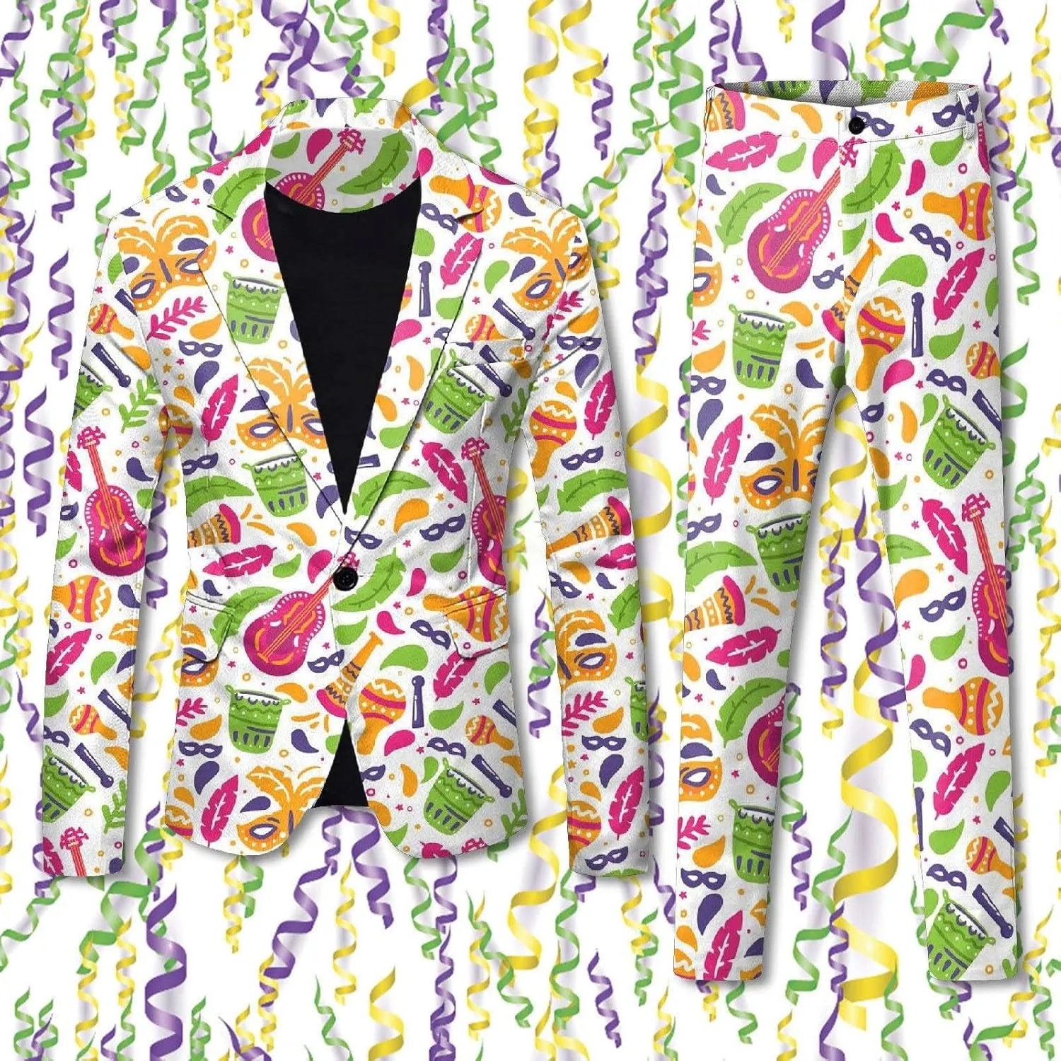 Mens 2 Piece Mardi Gras Casual Sweatsuits One Buttton Notched Lapel Party Floral Suit Jacket Dress Pants Suits Set