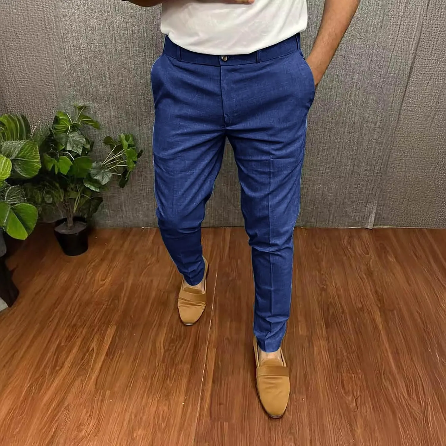 Mens Business Casual Pants Slim Fit Cotton Lightweight Straight Leg Pants with Pockets Retro Skinny Work Pants