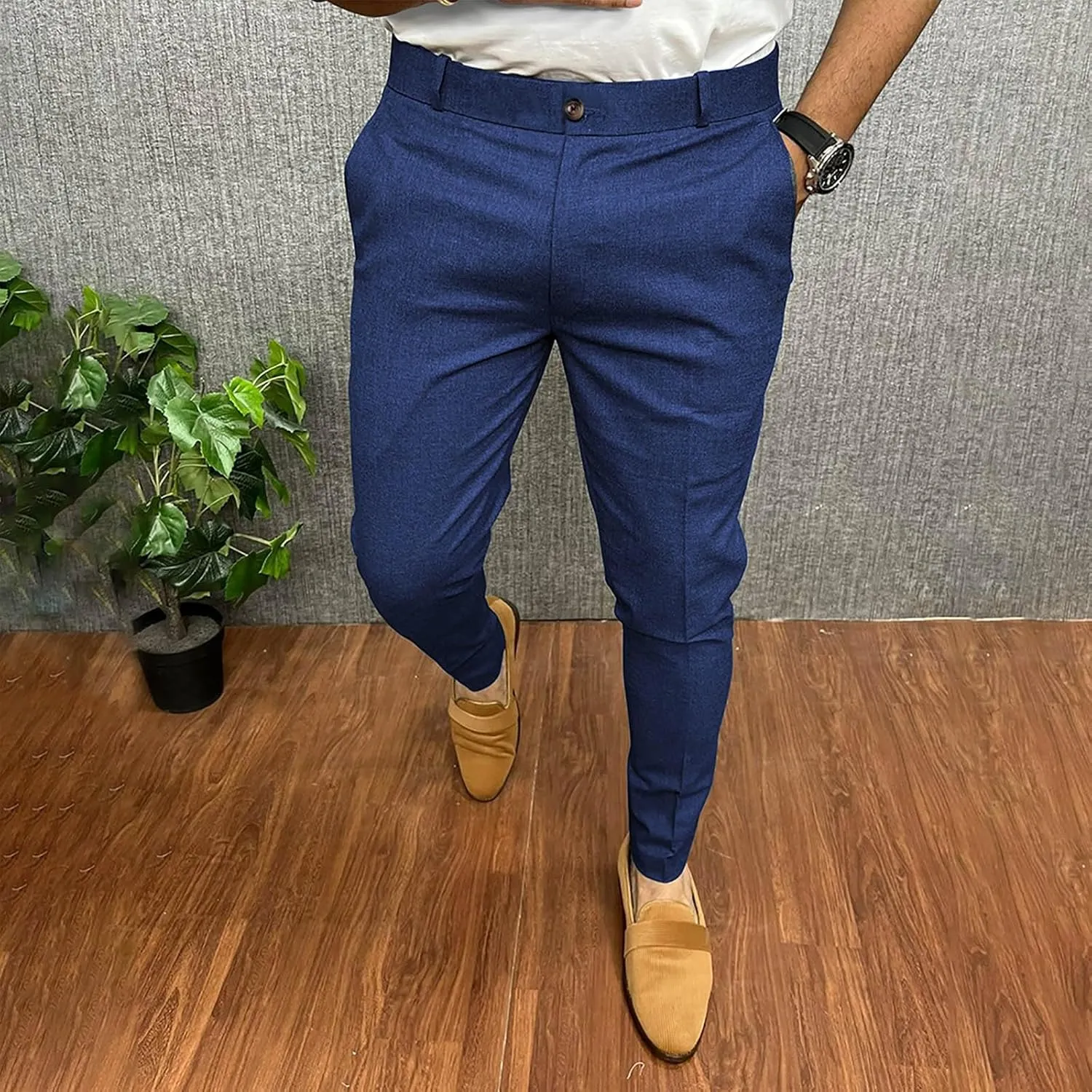 Mens Business Casual Pants Slim Fit Cotton Lightweight Straight Leg Pants with Pockets Retro Skinny Work Pants