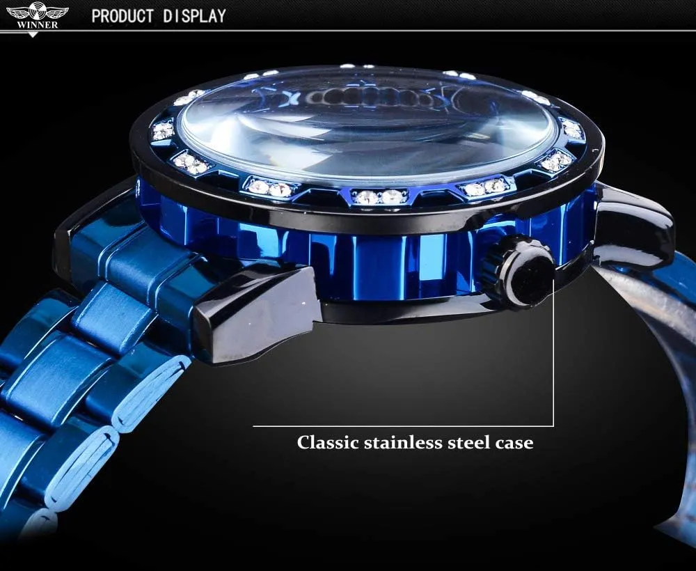 Mens Business Hollow Fashion Casual Manual Mechanical Watch Steel Belt Rhinestones Waterproof Watches