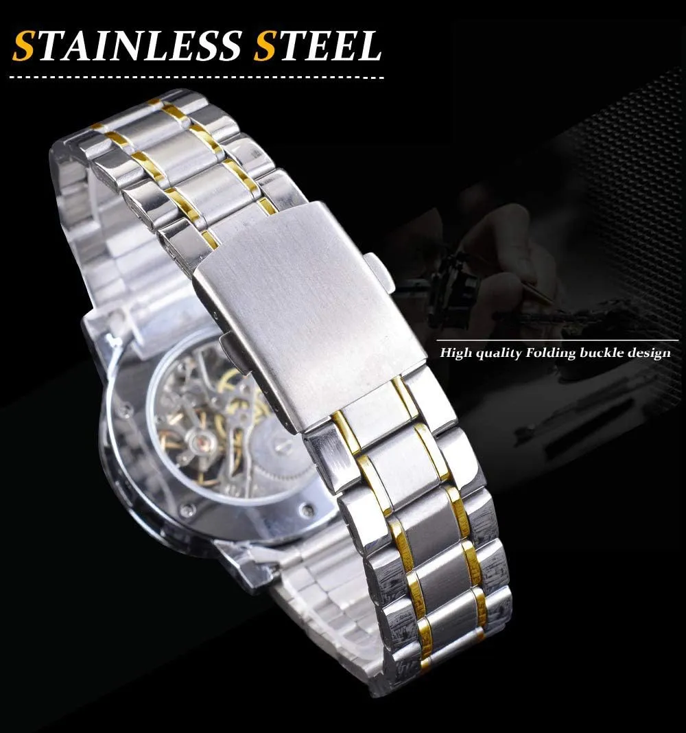 Mens Business Hollow Fashion Casual Manual Mechanical Watch Steel Belt Rhinestones Waterproof Watches