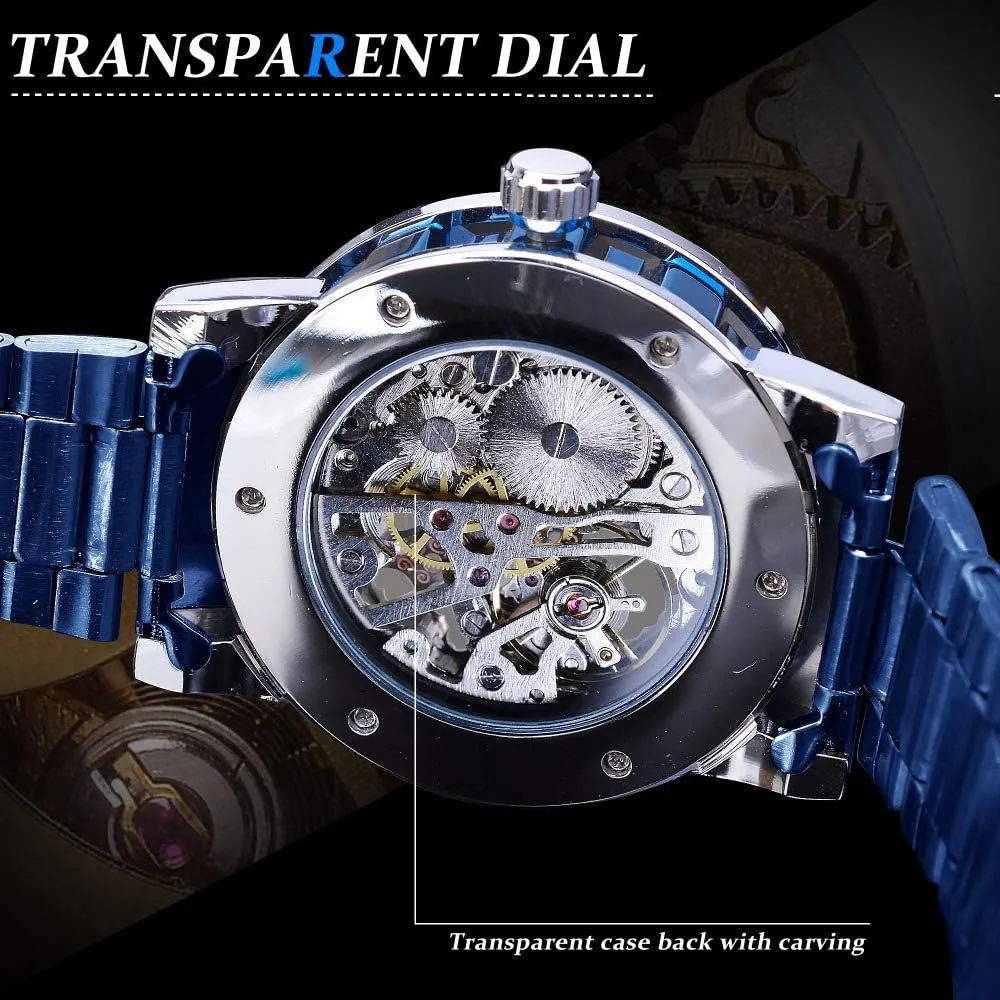 Mens Business Hollow Fashion Casual Manual Mechanical Watch Steel Belt Rhinestones Waterproof Watches