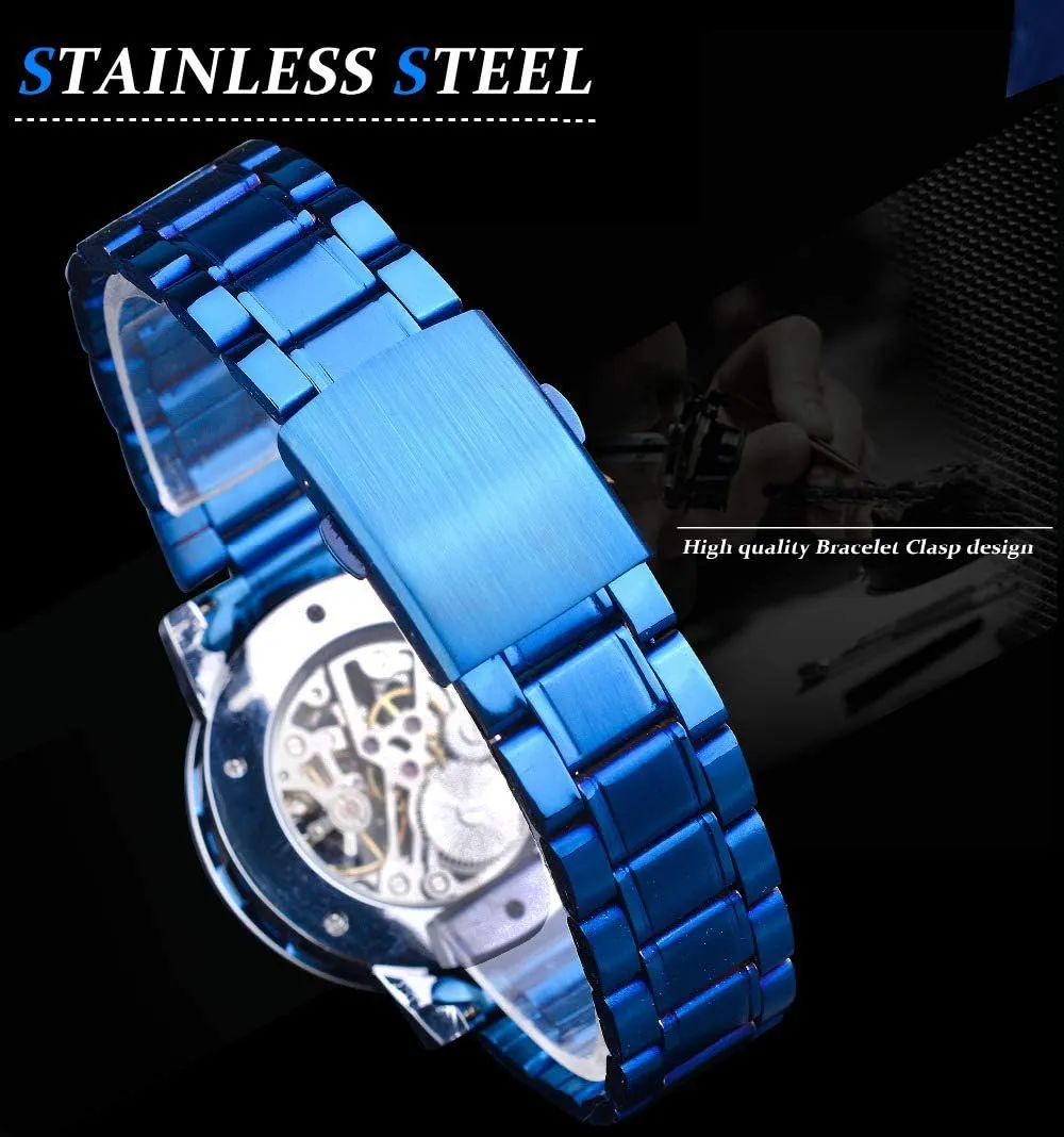 Mens Business Hollow Fashion Casual Manual Mechanical Watch Steel Belt Rhinestones Waterproof Watches