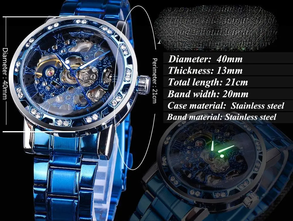 Mens Business Hollow Fashion Casual Manual Mechanical Watch Steel Belt Rhinestones Waterproof Watches