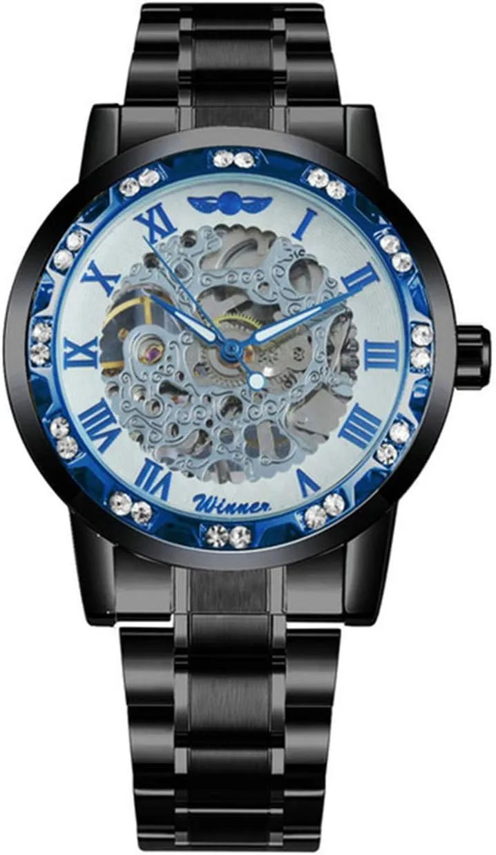 Mens Business Hollow Fashion Casual Manual Mechanical Watch Steel Belt Rhinestones Waterproof Watches