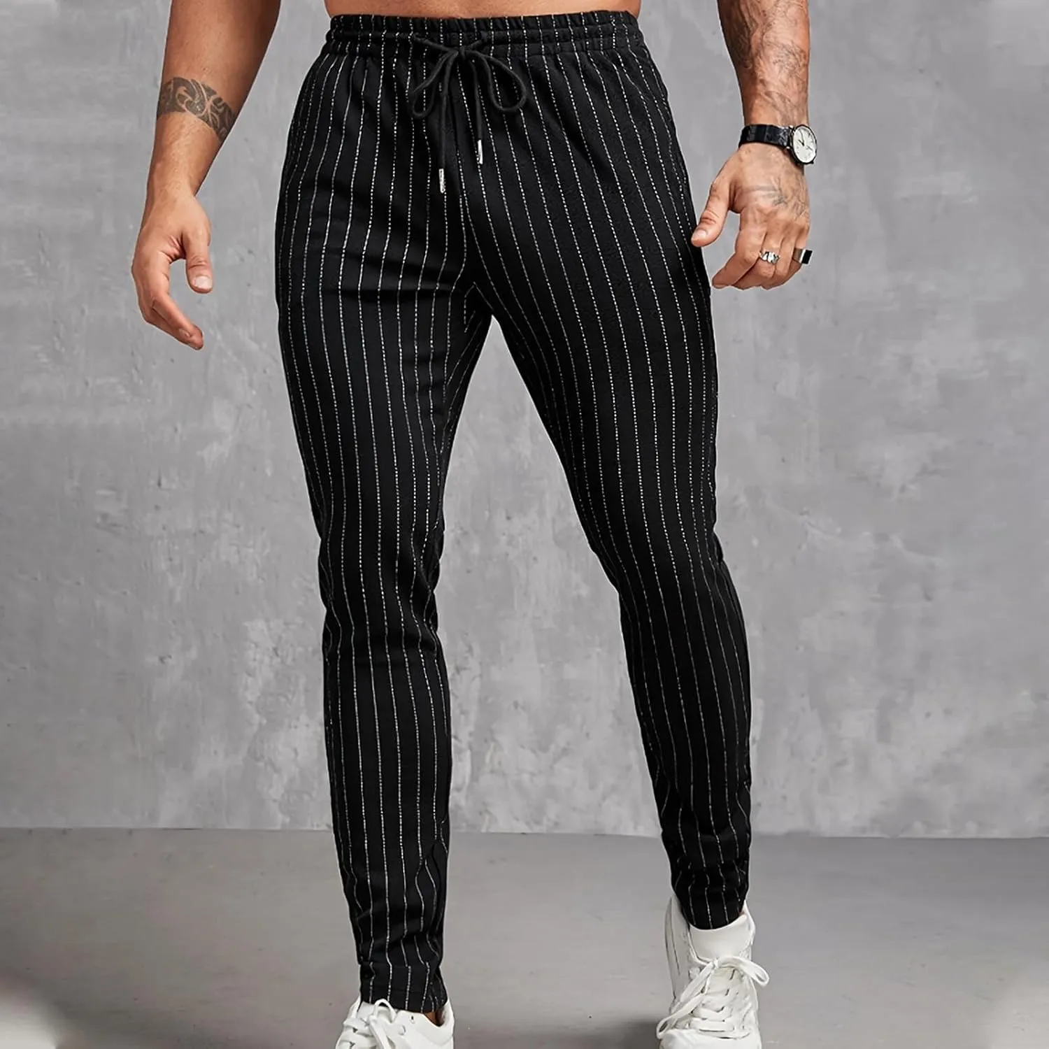 Mens Chinos Skinny Pants Solid Striped Flat Front Pants Slim Fit Stretch Casual Trousers Golf Business Dress Pants