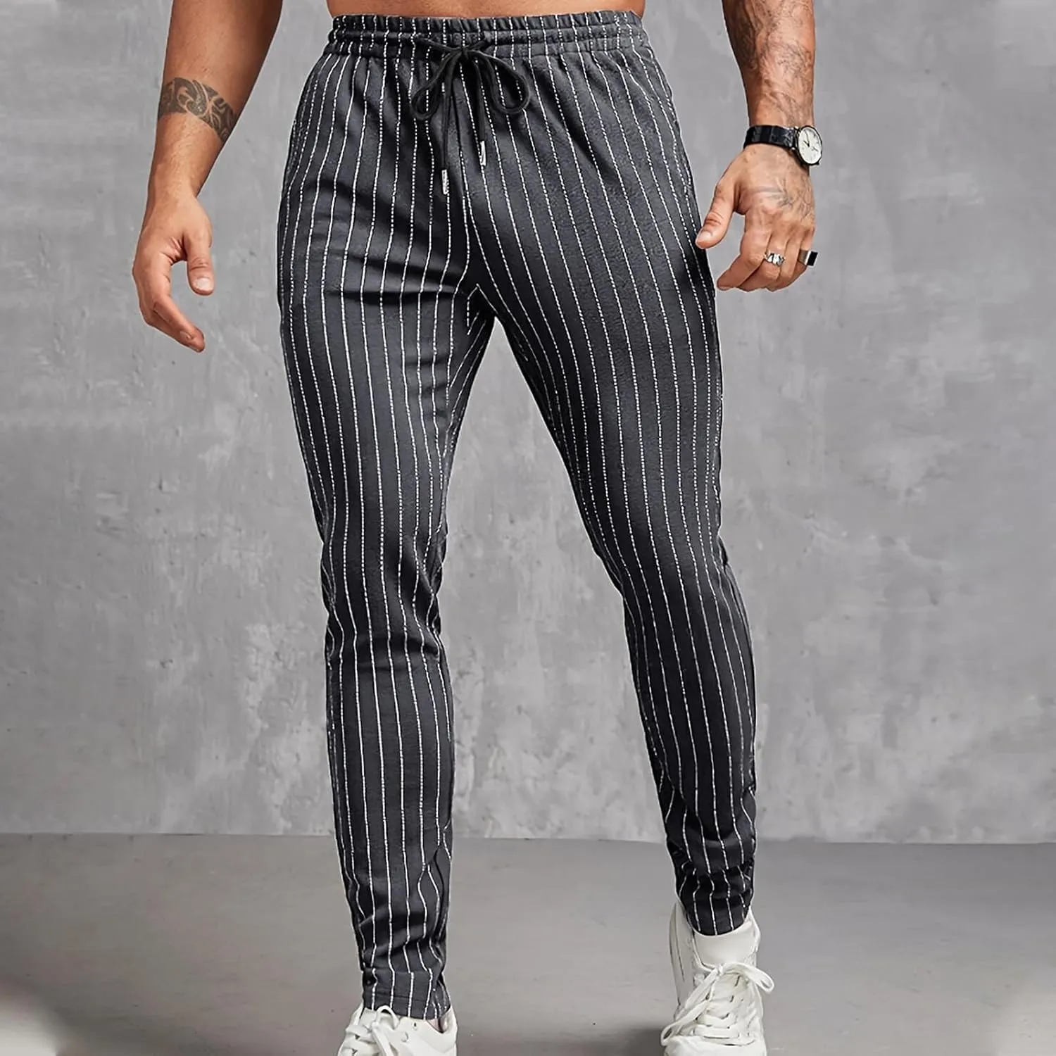 Mens Chinos Skinny Pants Solid Striped Flat Front Pants Slim Fit Stretch Casual Trousers Golf Business Dress Pants