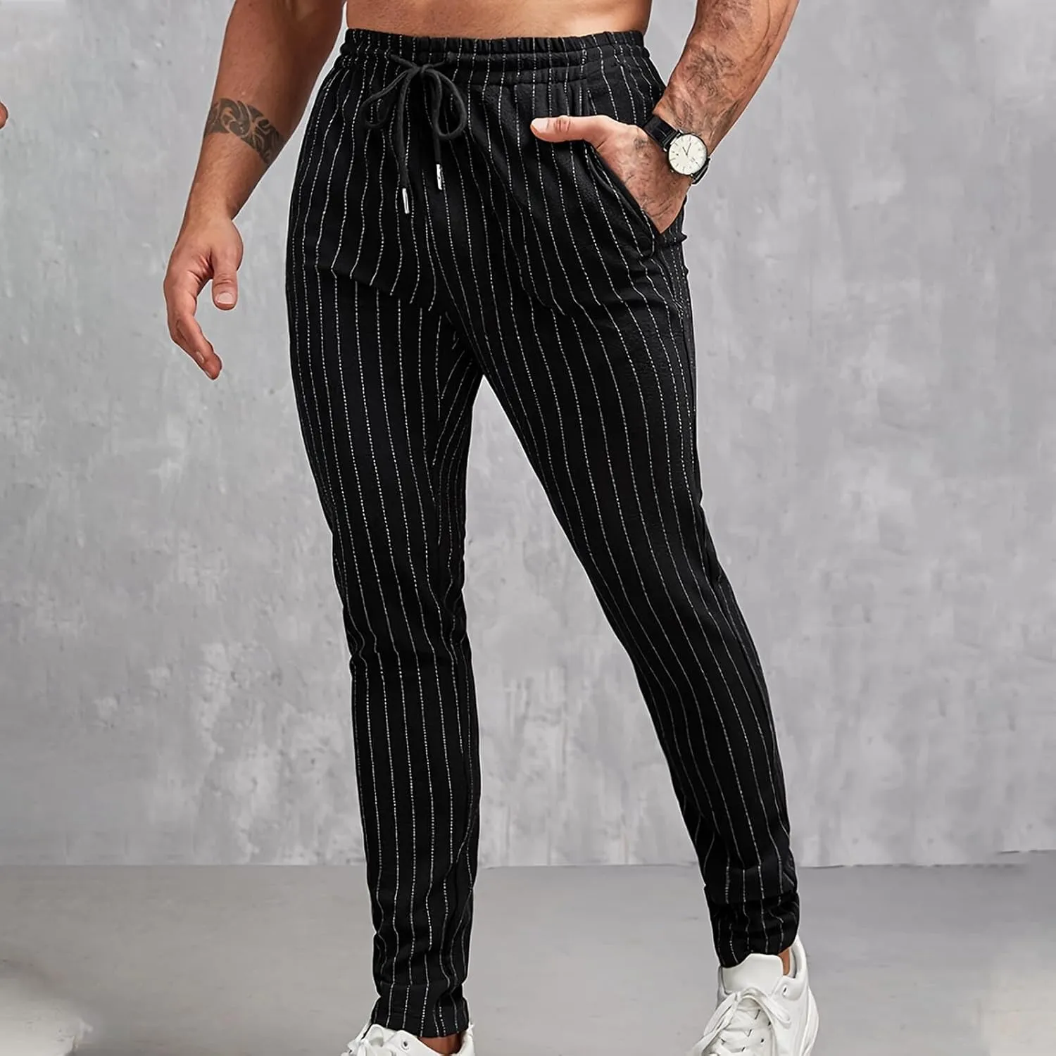 Mens Chinos Skinny Pants Solid Striped Flat Front Pants Slim Fit Stretch Casual Trousers Golf Business Dress Pants
