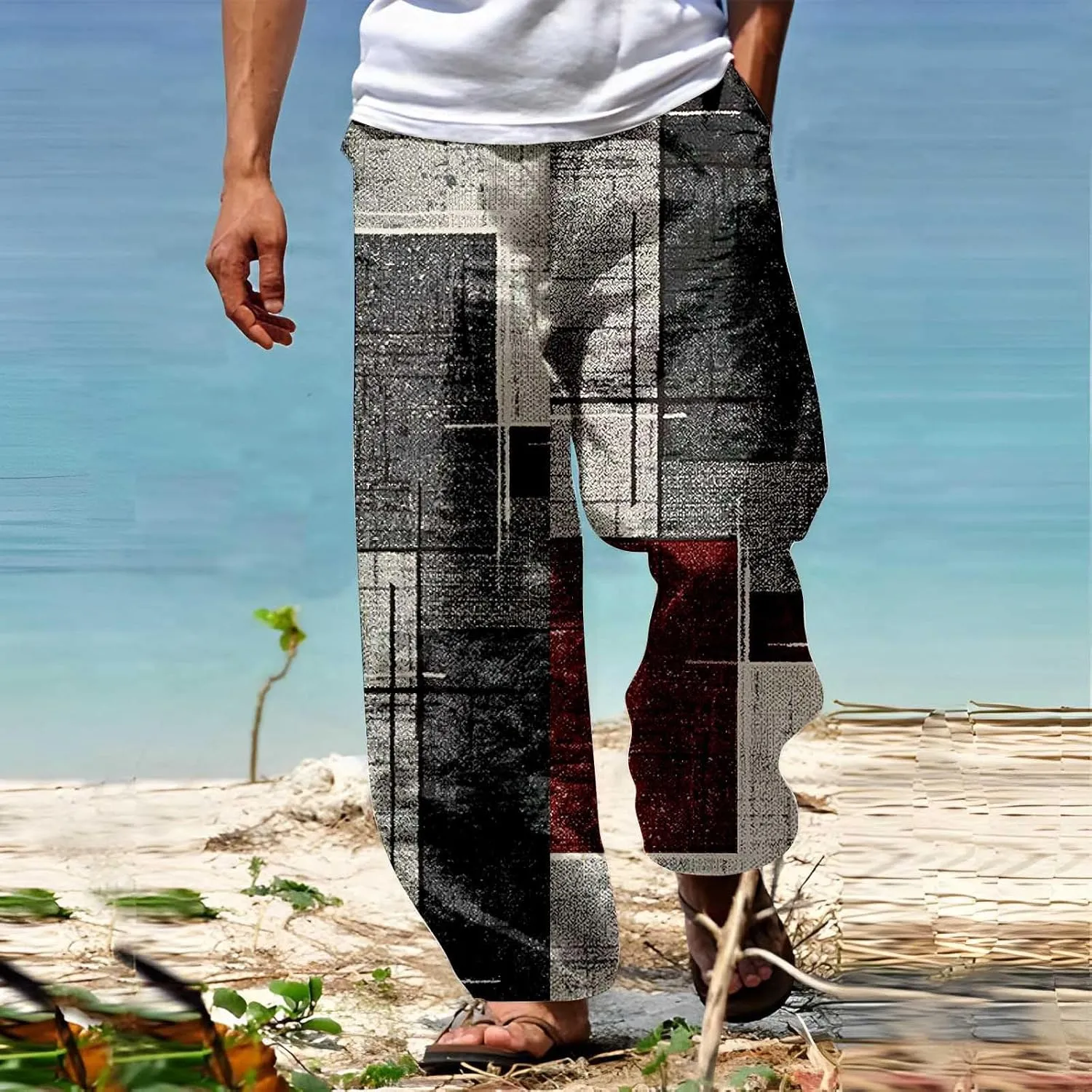 Mens Color Patchwork Casual Trousers Quick Dry Lightweight Outdoor Traveling Beach Pants Holiday Vacation Fashion Streetwear