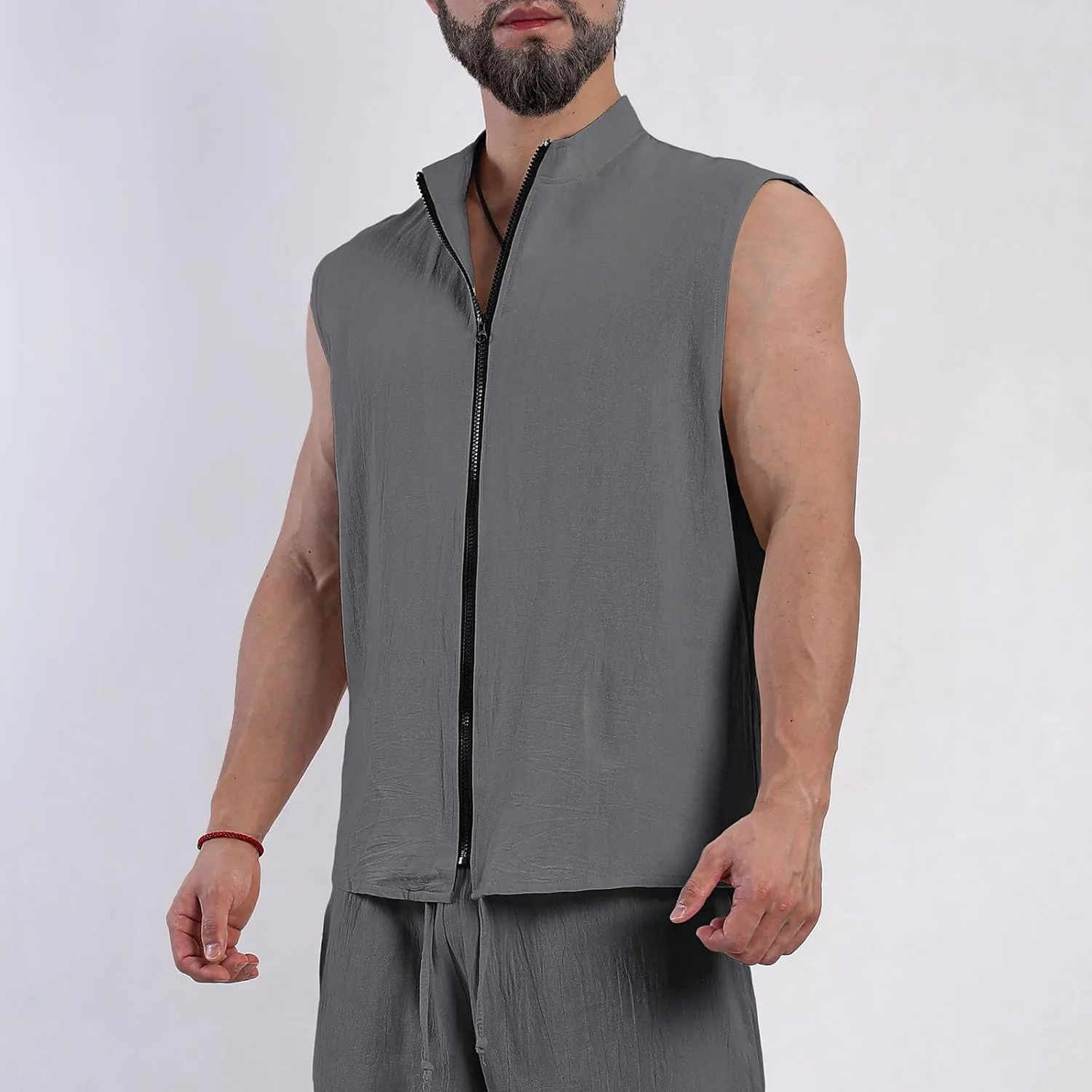 Mens Cotton Linen Vests Sleeveless Stand Collar Zip Solid Color Lightweight Casual Tops Travel Fishing Hiking Outfits