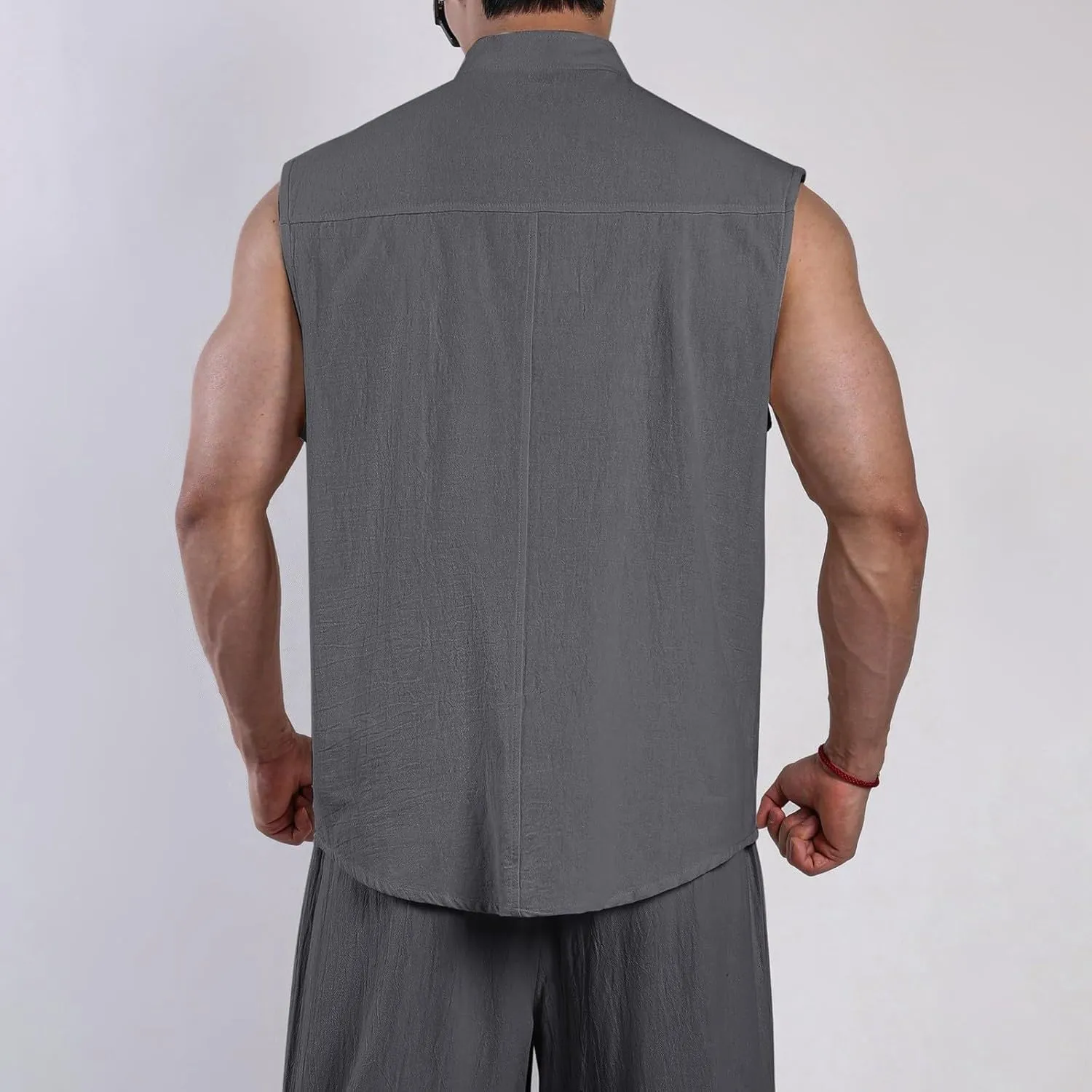 Mens Cotton Linen Vests Sleeveless Stand Collar Zip Solid Color Lightweight Casual Tops Travel Fishing Hiking Outfits