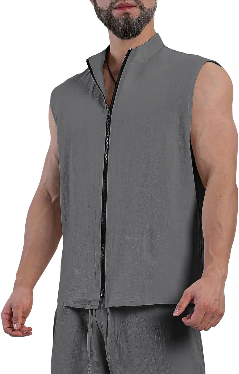 Mens Cotton Linen Vests Sleeveless Stand Collar Zip Solid Color Lightweight Casual Tops Travel Fishing Hiking Outfits
