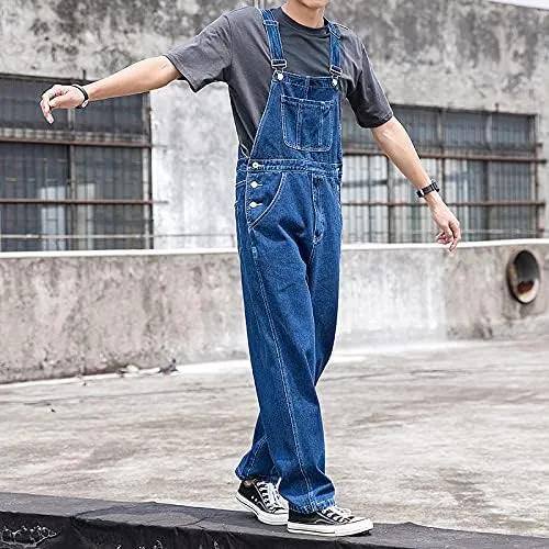Men's Denim Bib Overalls Fashion Slim Fit Jumpsuit with Pockets Cargo Jeans