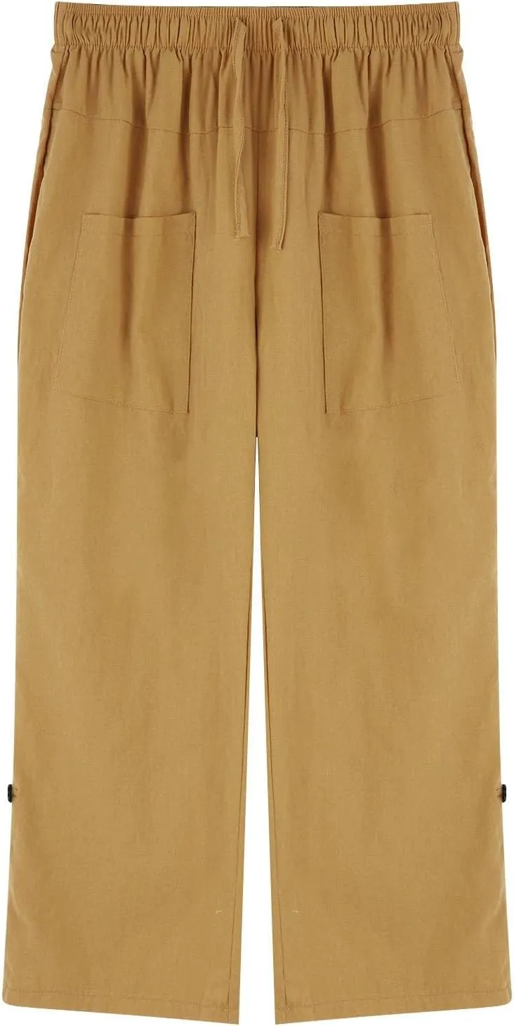 Mens Elastic High Waist Drawstring Baggy Beach Casual Pants Cotton and Linen Capri Pants Summer Outdoor Vacation Shorts 2024
