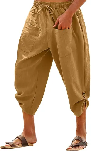 Mens Elastic High Waist Drawstring Baggy Beach Casual Pants Cotton and Linen Capri Pants Summer Outdoor Vacation Shorts 2024