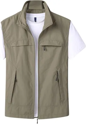 Mens Full-Zip Lightweight Softshell Vest Quick Dry Outdoor Casual Multi Pocket Fishing Vests Jacket for Hiking Golf