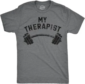 Mens Funny T Shirts My Therapist Barbell Sarcastic Gym Workout Graphic Novelty Tee for Men