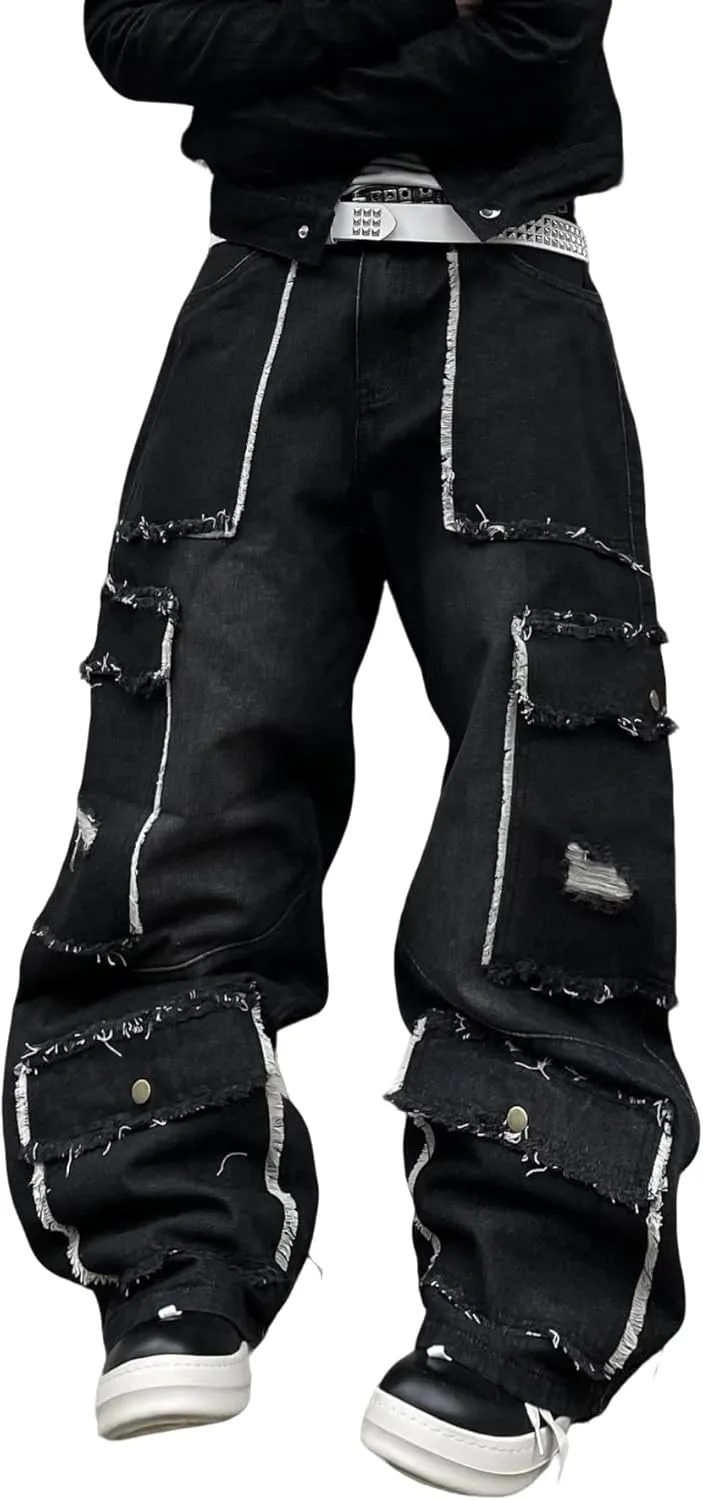 Mens Goth Baggy Cargo Jeans with Pockets Steampunk Patchwork Embroidery Wide Leg Denim Pants
