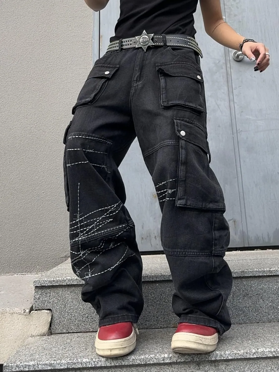 Mens Goth Baggy Cargo Jeans with Pockets Steampunk Patchwork Embroidery Wide Leg Denim Pants