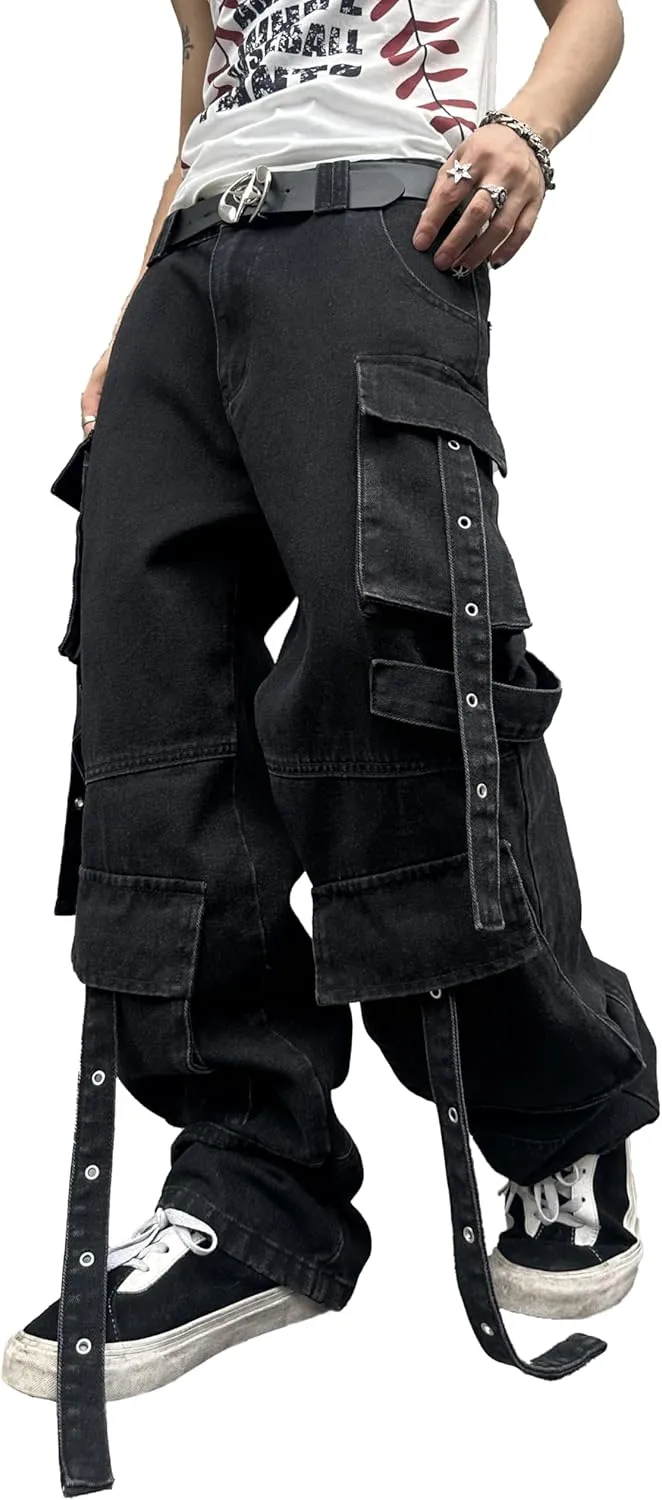 Mens Goth Baggy Cargo Jeans with Pockets Steampunk Patchwork Embroidery Wide Leg Denim Pants