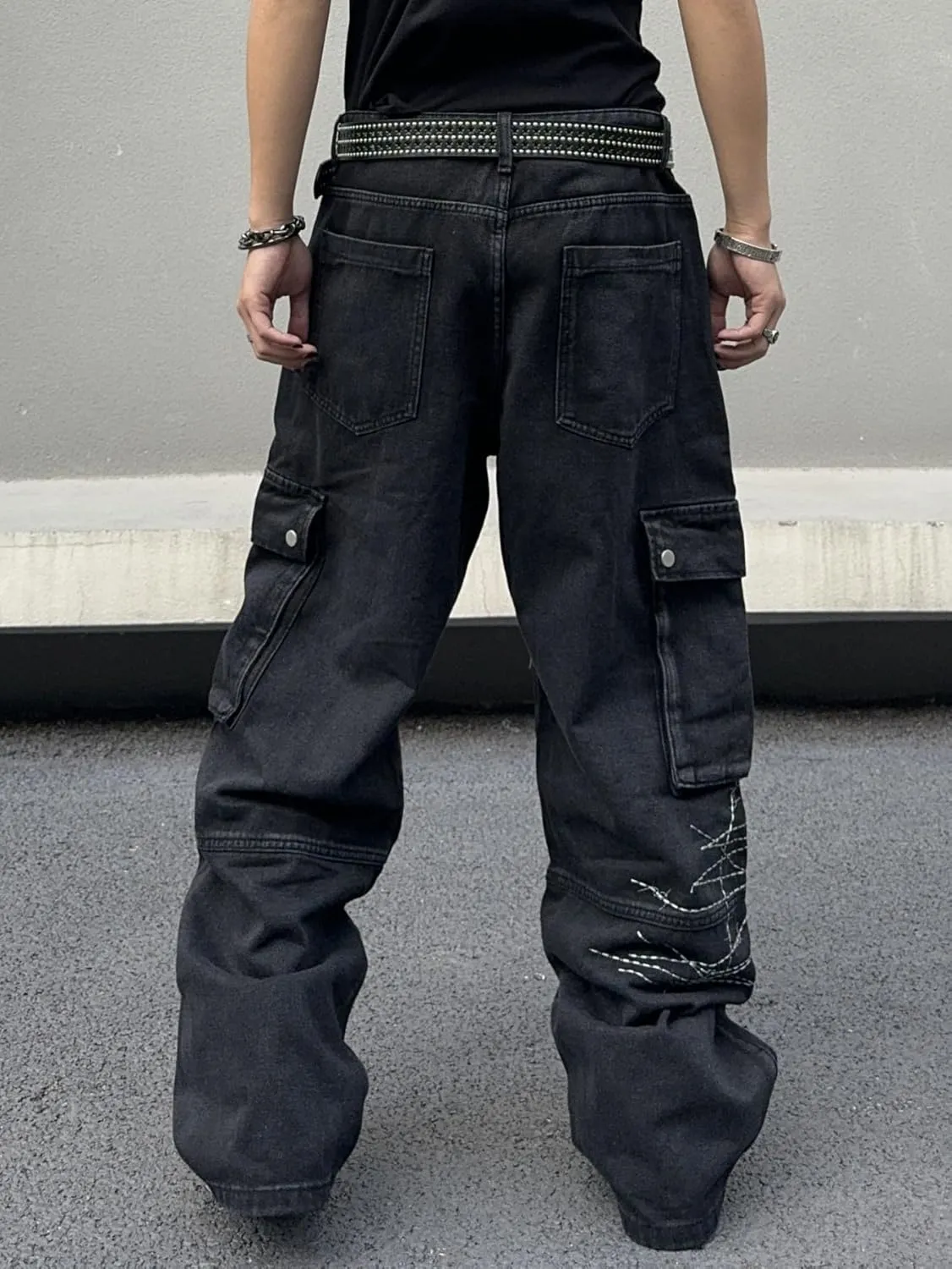Mens Goth Baggy Cargo Jeans with Pockets Steampunk Patchwork Embroidery Wide Leg Denim Pants