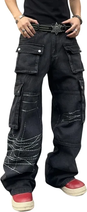 Mens Goth Baggy Cargo Jeans with Pockets Steampunk Patchwork Embroidery Wide Leg Denim Pants