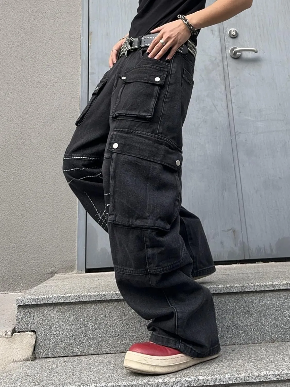 Mens Goth Baggy Cargo Jeans with Pockets Steampunk Patchwork Embroidery Wide Leg Denim Pants